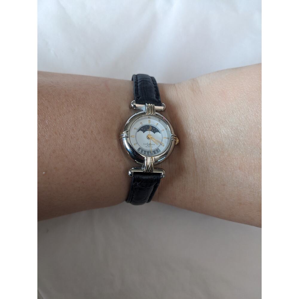 Express LA Women's Moon Phase Date Silver Tone Black Leather Strap Watch